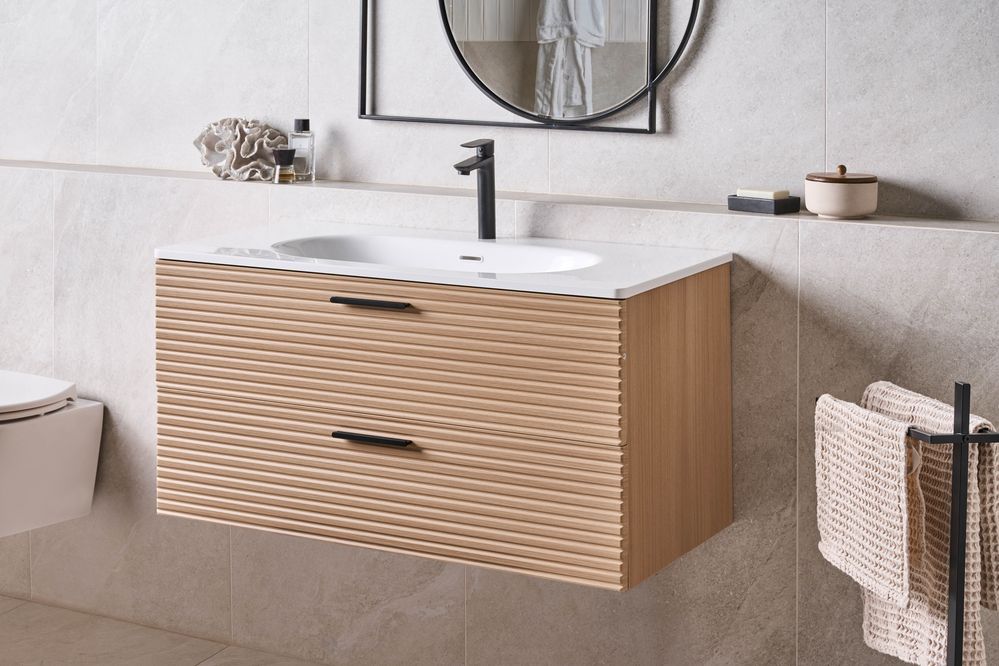 Mobile bagno sospeso con lavabo Frontale in MDF 2 cassetti 100 x 50 cm Marrone chiaro