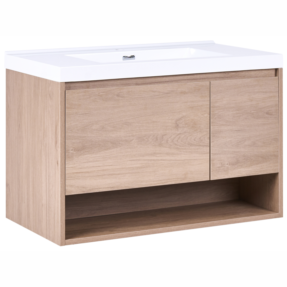 Mobile bagno sospeso con lavabo 1 cassetto frontale e 2 ripiani 90 x 50 cm,marrone chiaro