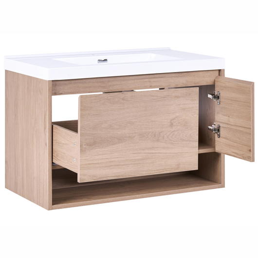 Mobile bagno sospeso con lavabo 1 cassetto frontale e 2 ripiani 90 x 50 cm,marrone chiaro