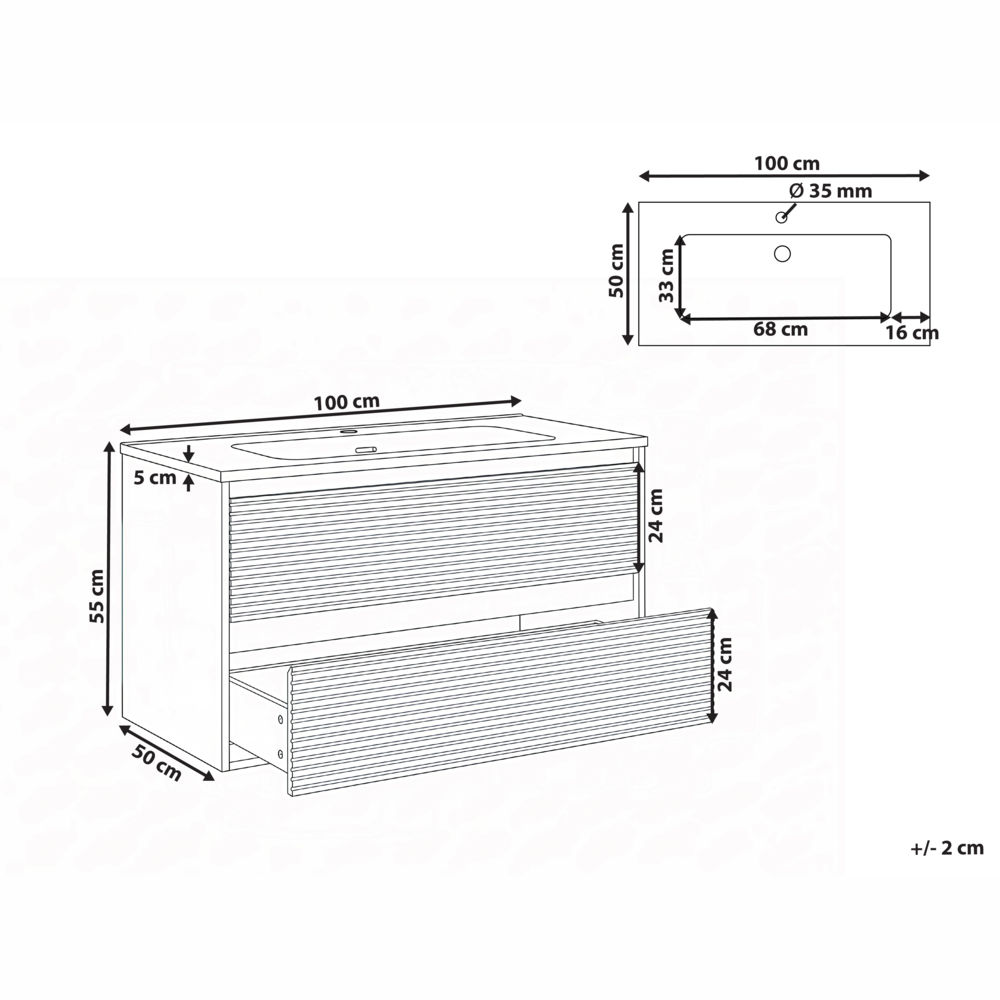 Mobile bagno sospeso con lavabo e 2 cassetti frontali 100 x 46 cm Grigio
