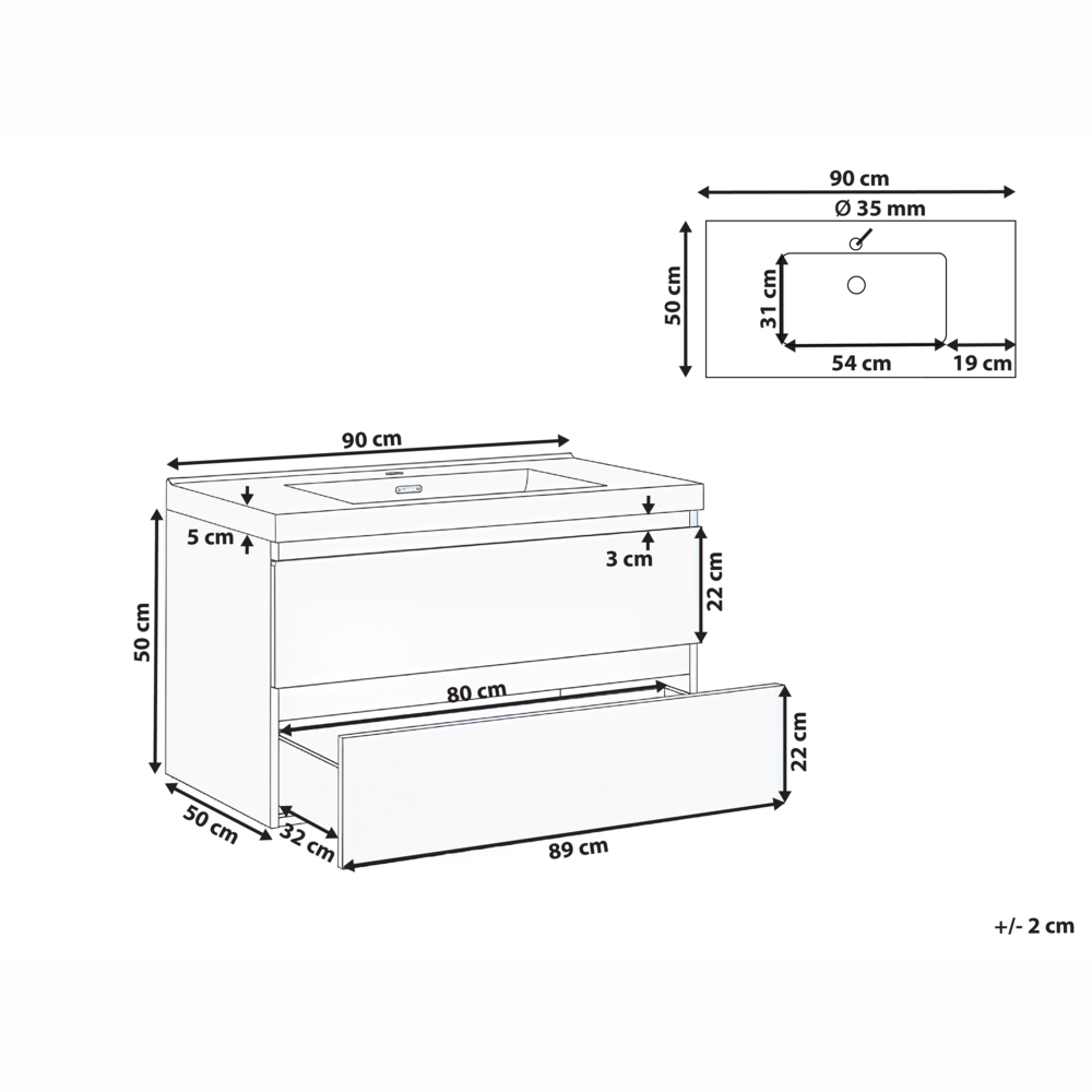Mobile bagno sospeso bianco 90 x 50 cm con 2 cassetti e lavabo