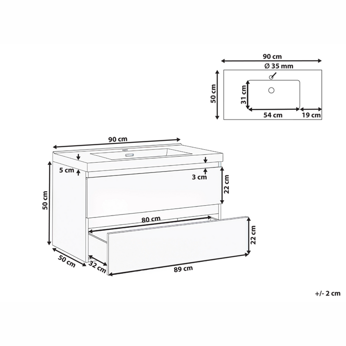 Mobile bagno sospeso bianco 90 x 50 cm con 2 cassetti e lavabo
