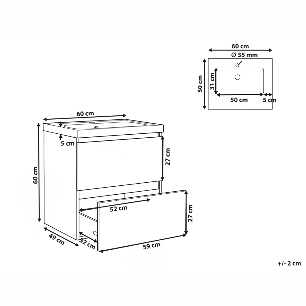 Mobile bagno sospeso con lavabo e 2 cassetti 60 x 49 cm marrone chiaro elegante