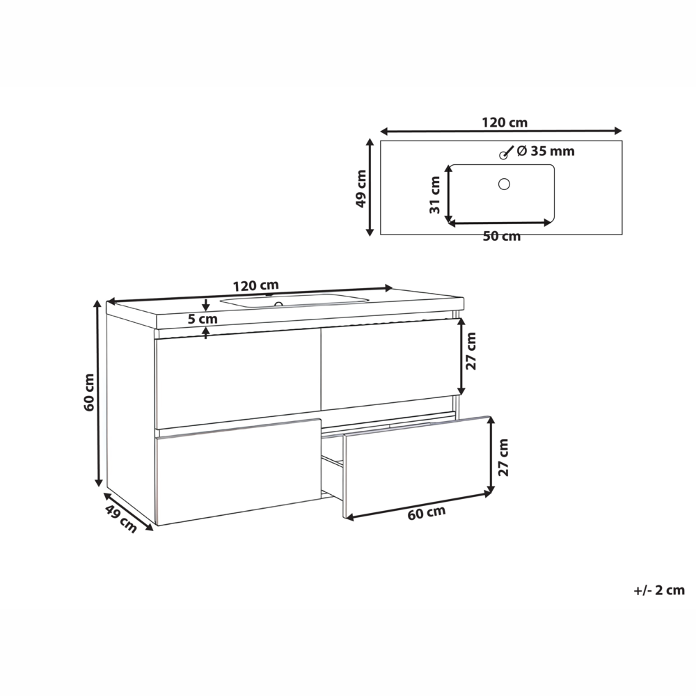 Mobile bagno sospeso con lavabo e 2 cassetti 129 x 49 cm marrone chiaro elegante