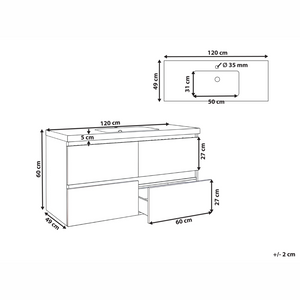 Mobile bagno sospeso con lavabo e 2 cassetti 129 x 49 cm marrone chiaro elegante