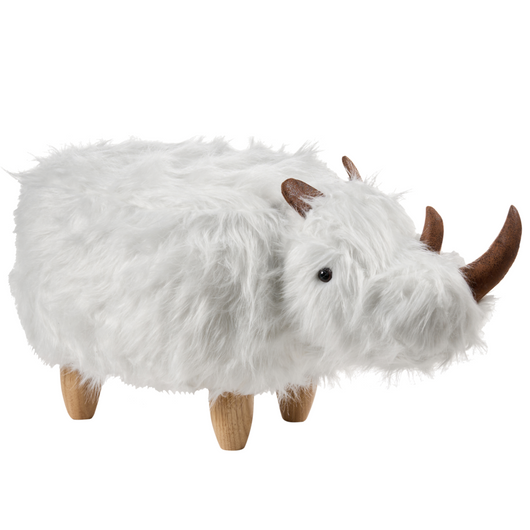 Sgabello per bambini con animali Rhino bianco Pelliccia sintetica con gambe in legno imbottite Poggiapiedi per la cameretta dei bambini