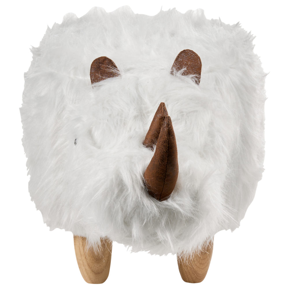 Sgabello per bambini con animali Rhino bianco Pelliccia sintetica con gambe in legno imbottite Poggiapiedi per la cameretta dei bambini