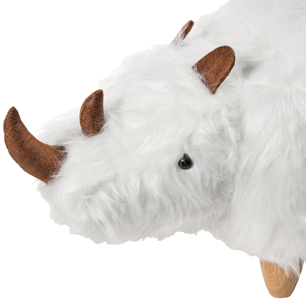Sgabello per bambini con animali Rhino bianco Pelliccia sintetica con gambe in legno imbottite Poggiapiedi per la cameretta dei bambini