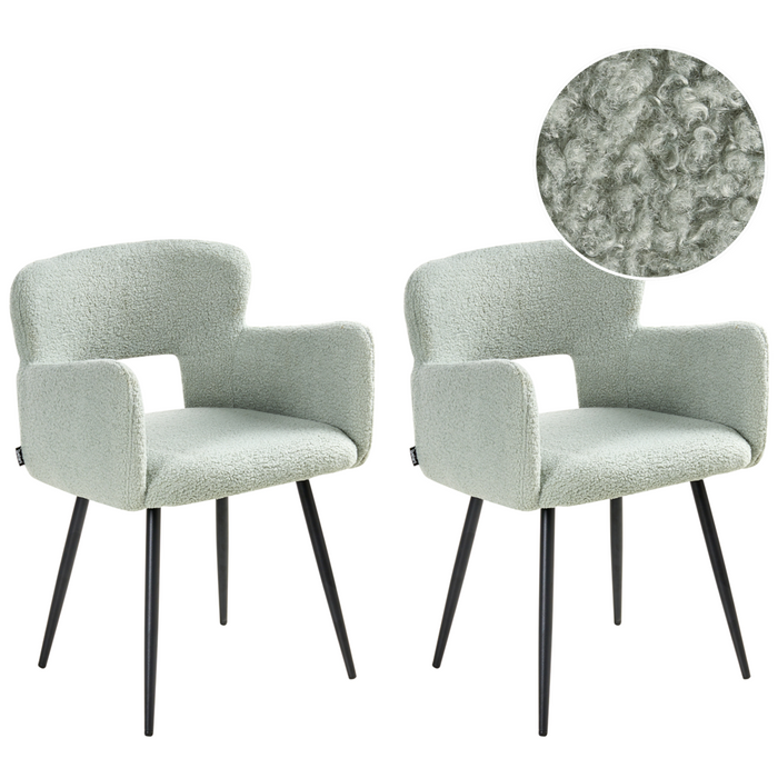 Set di 2 sedie da pranzo bouclè verde chiaro braccioli schienale intagliato gambe in metallo moderna industriale