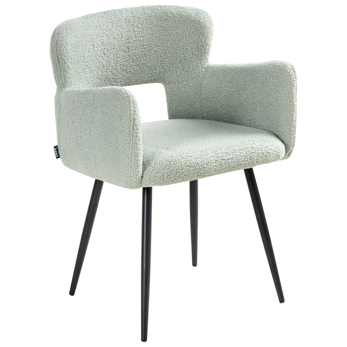 Set di 2 sedie da pranzo bouclè verde chiaro braccioli schienale intagliato gambe in metallo moderna industriale