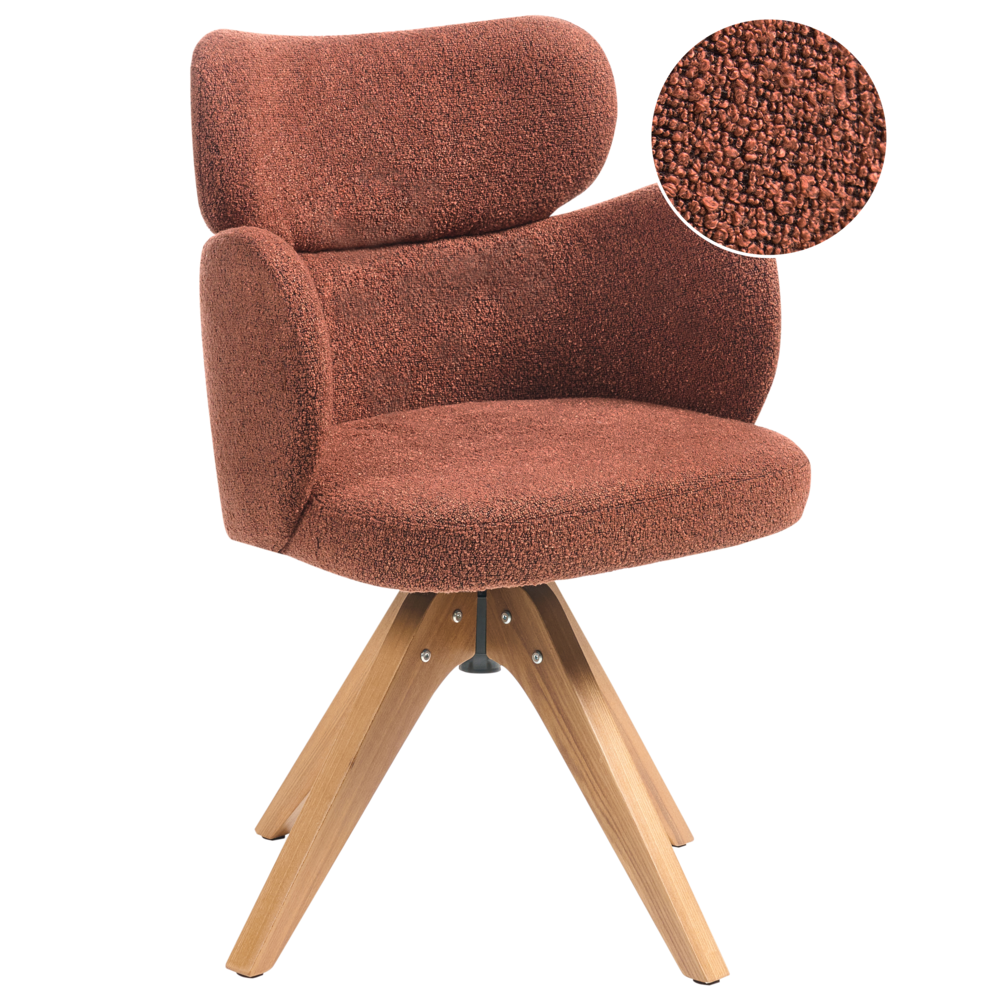 Sedia da pranzo girevole con schienale curvo in boucle arancione stile scandinavo