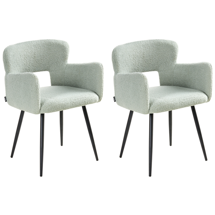 Set di 2 sedie da pranzo bouclè verde chiaro braccioli schienale intagliato gambe in metallo moderna industriale