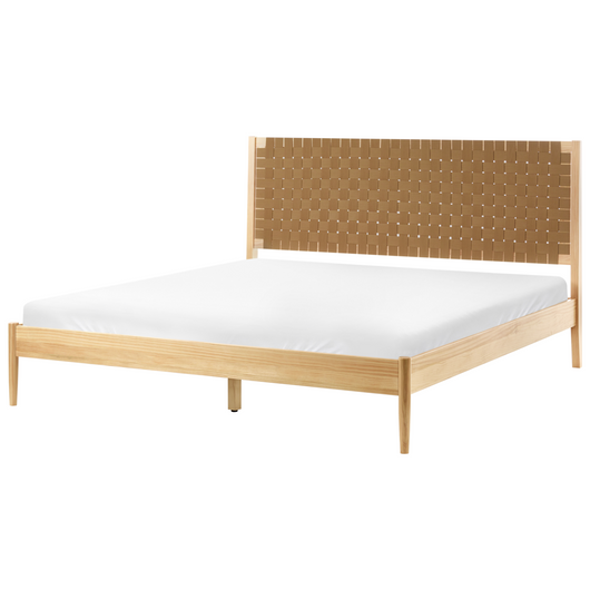 Letto minimalista con rete a doghe e testiera imbottita in legno di pino marrone chiaro 180 x 200 cm con base a doghe