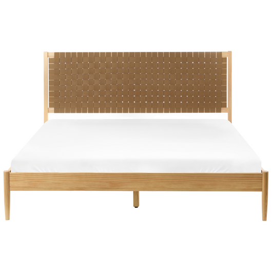 Letto minimalista con rete a doghe e testiera imbottita in legno di pino marrone chiaro 180 x 200 cm con base a doghe
