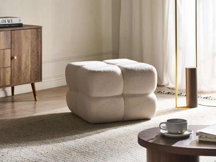 Pouf quadrato moderno grande rotondo poggiapiedi tessuto bouclé camera da letto soggiorno bianco sporco