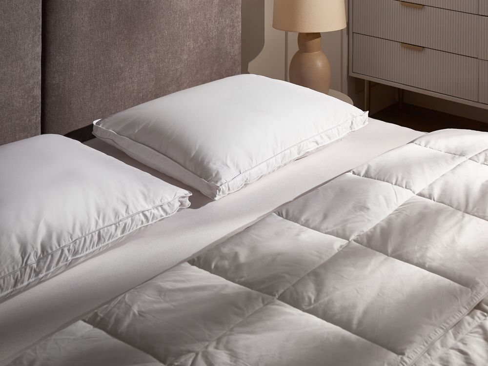 Set di 2 cuscini da letto guanciali in cotone bianco piumino d'anatra e piume 50 x 60 cm medio morbido