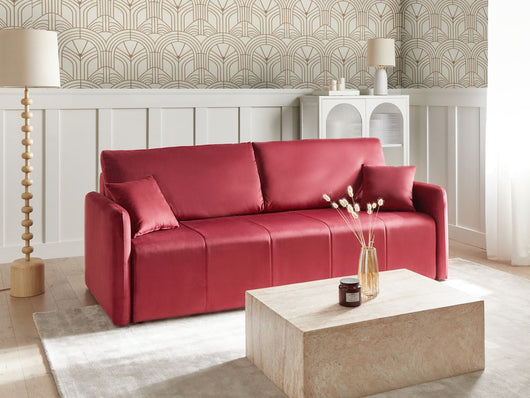 Divano moderno a 3 posti in velluto con cuscini decorativi e funzione letto colore bordeaux soggiorno