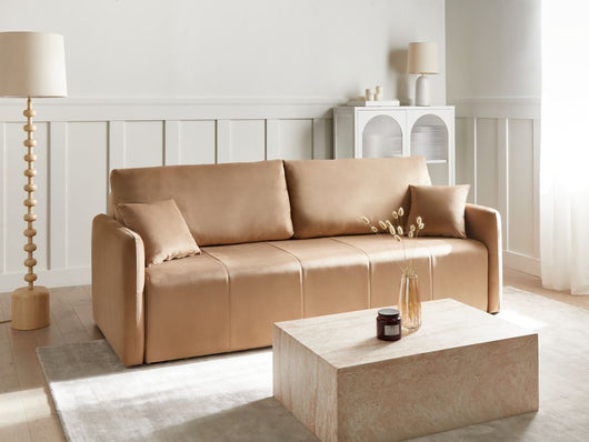 Divano moderno a 3 posti in velluto con cuscini decorativi e funzione letto colore marrone chiaro soggiorno