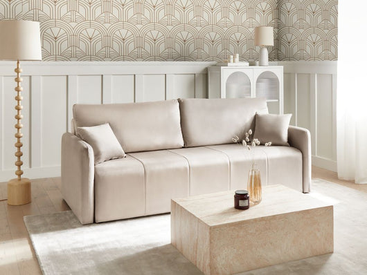 Divano moderno a 3 posti in velluto con cuscini decorativi e funzione letto colore tortora soggiorno