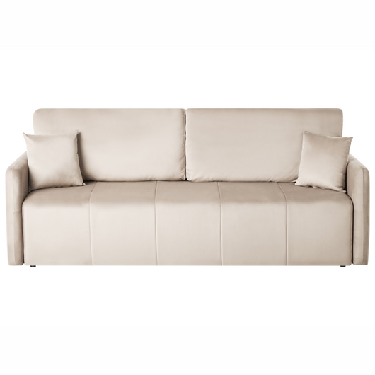 Divano moderno a 3 posti in velluto con cuscini decorativi e funzione letto colore tortora soggiorno