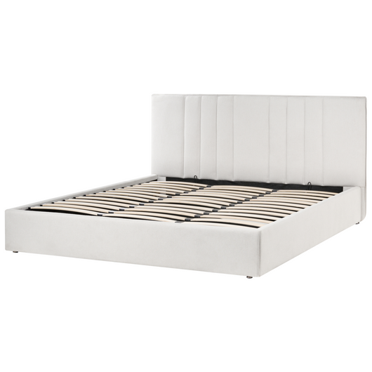 Letto matrimoniale imbottito in tessuto beige chiaro 180 x 200 cm camera da letto