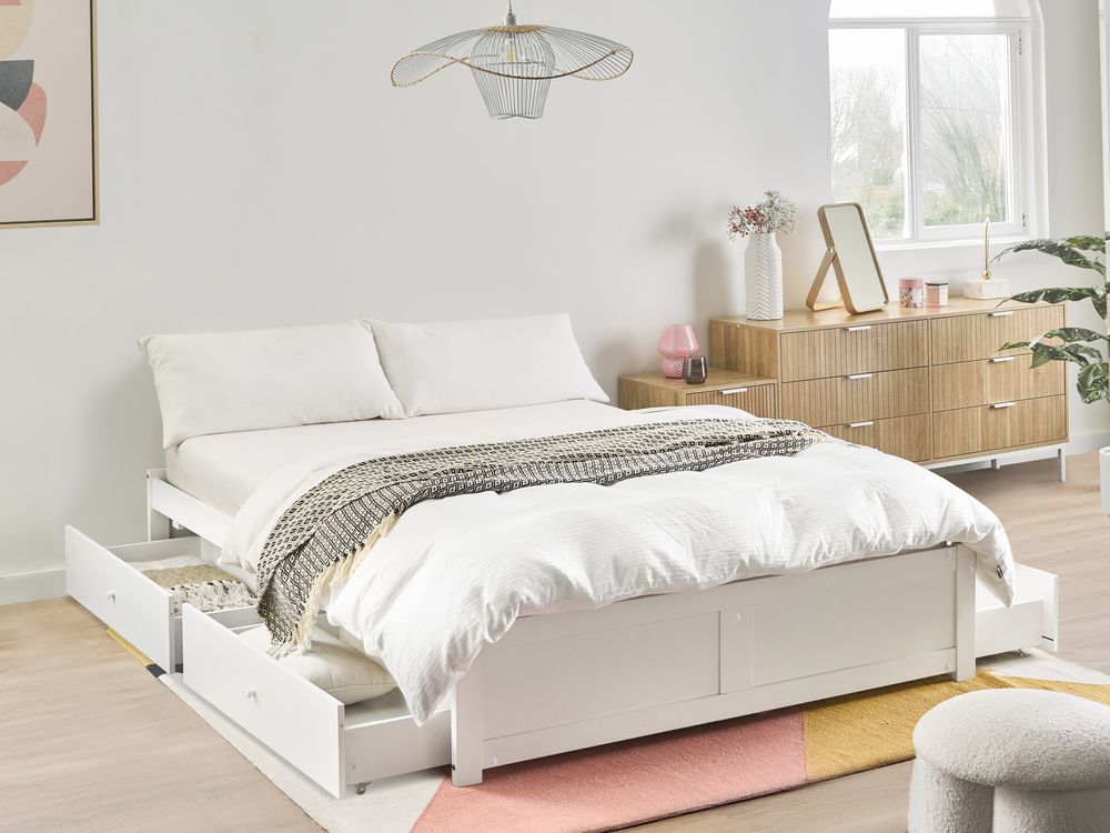 Letto matrimoniale in compensato di pino melaminico MDF con contenitore bianco 180 x 200 cm stile scandinavo