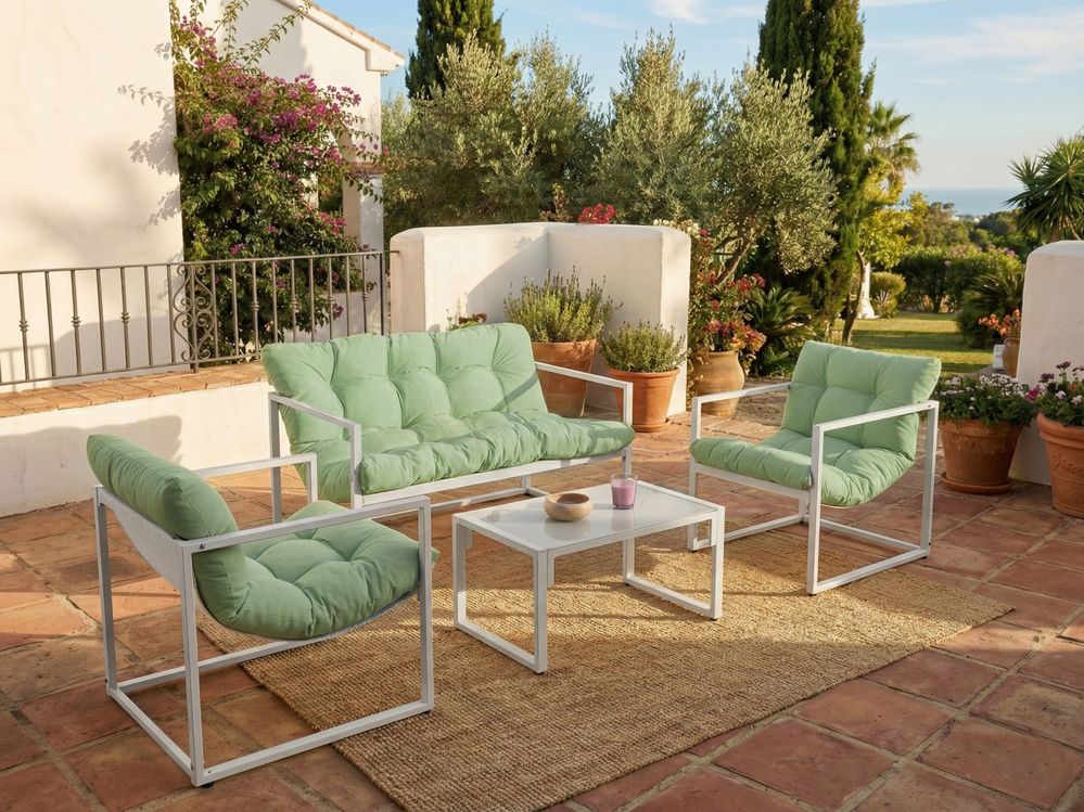 Set da giardino moderno a 4 posti in acciaio zincato con cuscini verde esterno elegante