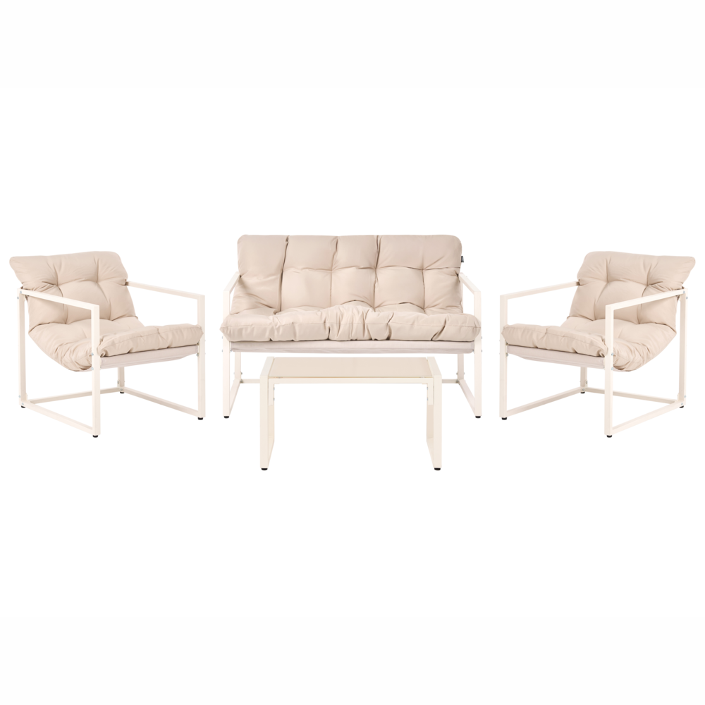 Set da giardino moderno a 4 posti in acciaio zincato con cuscini beige esterno elegante