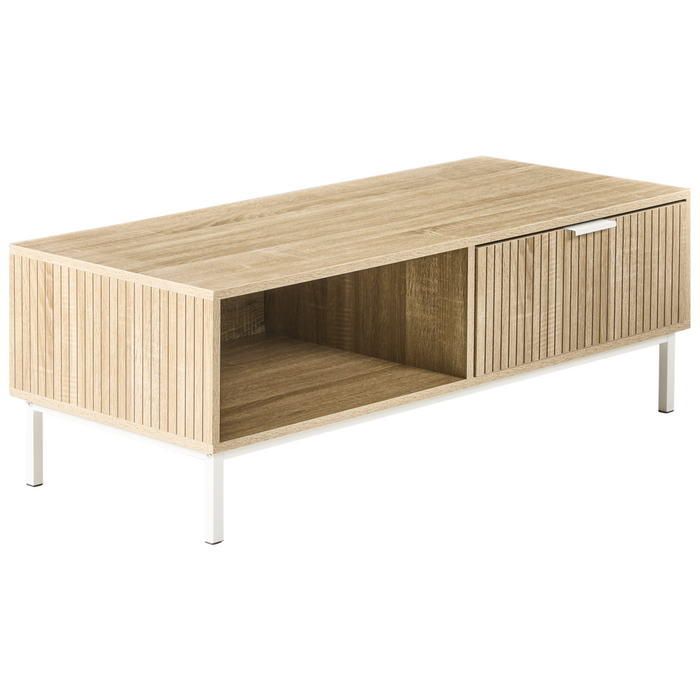 Tavolino da caffè in stile scandinavo Cassetto MDF Gambe in legno Scaffale Spazio di archiviazione Legno chiaro