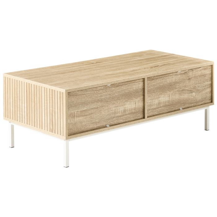 Tavolino da caffè in stile scandinavo Cassetto MDF Gambe in legno Scaffale Spazio di archiviazione Legno chiaro