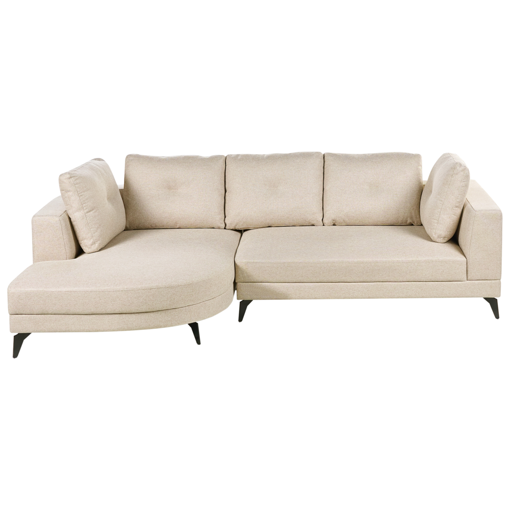 Divano angolare moderno con bracciolo destro Rivestimento in lino idrorepellente Gambe in ferro nero con cuscini beige chiaro