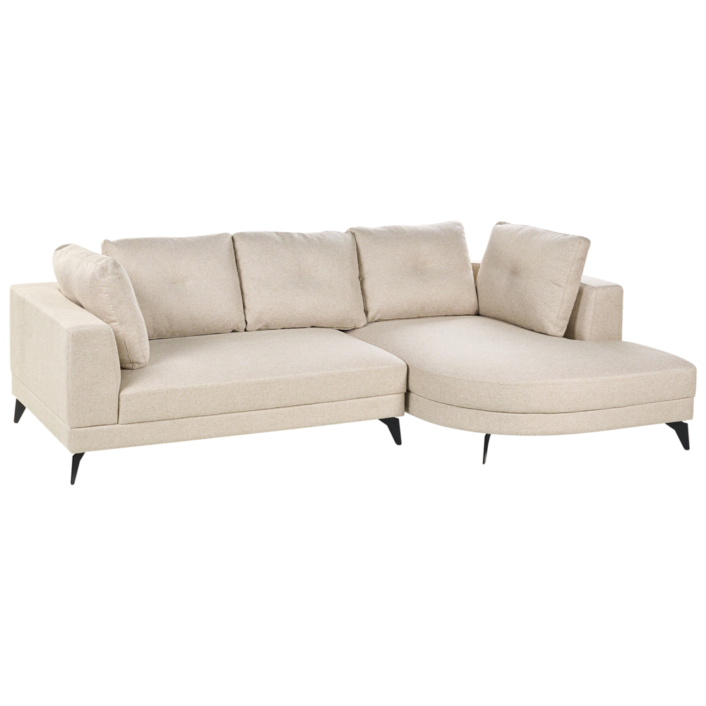 Divano angolare moderno con bracciolo sinistro Rivestimento in lino idrorepellente Gambe in ferro nero con cuscini beige chiaro