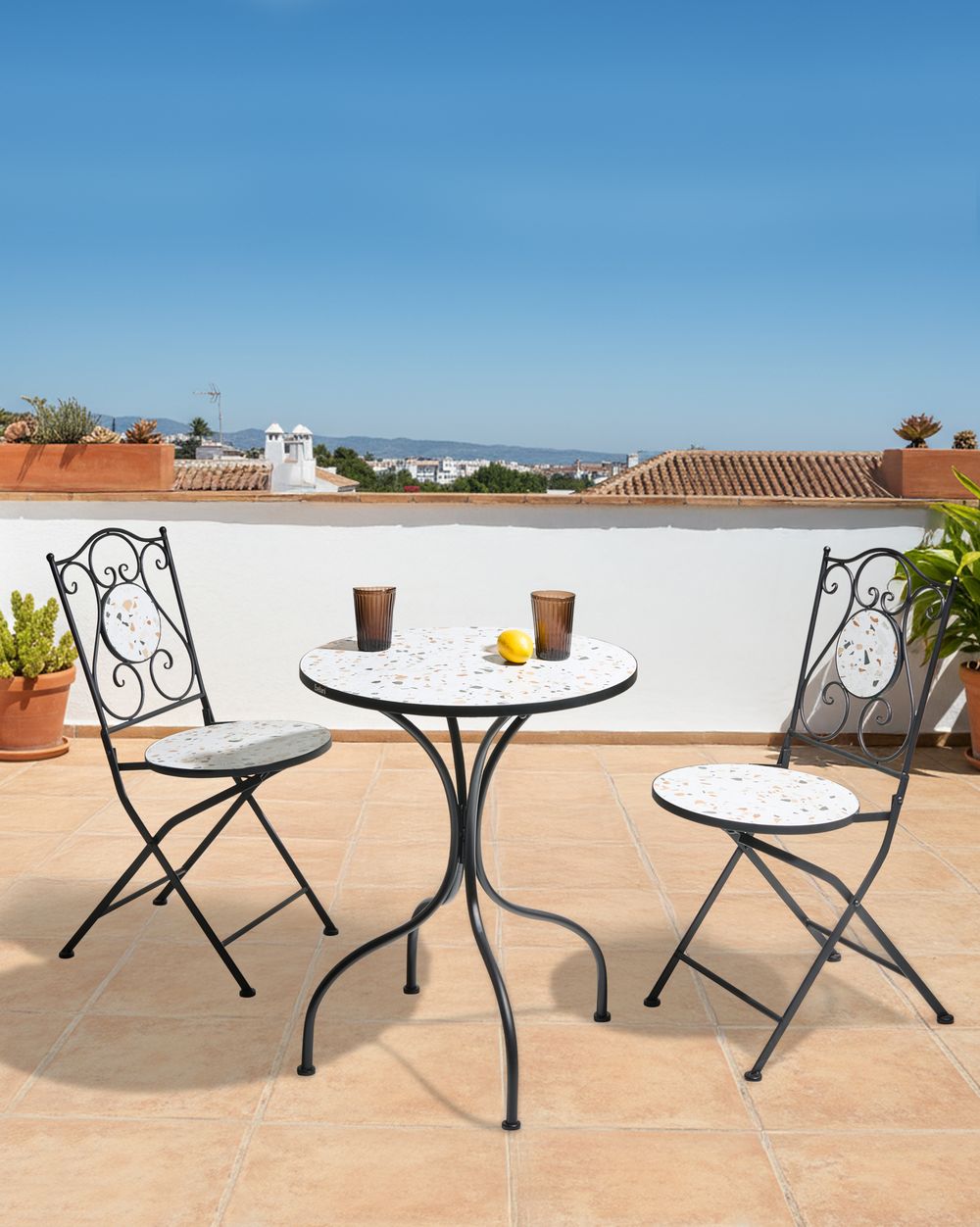 Set di 2 sedie da giardino in metallo nero con struttura in ferro e motivo effetto terrazzo stile vintage da esterno