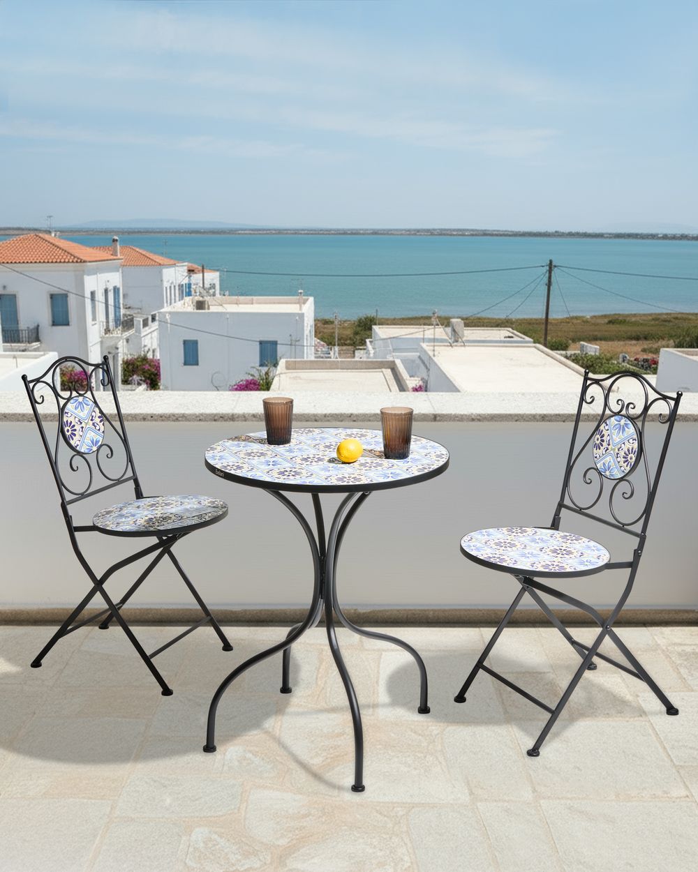 Set di 2 sedie da giardino in metallo nero con struttura in ferro e motivo a mosaico stile vintage da esterno