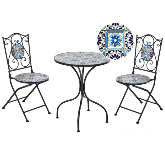 Set da giardino per bistrot da esterno in metallo nero con struttura in ferro e piano in mosaico stile vintage da esterno