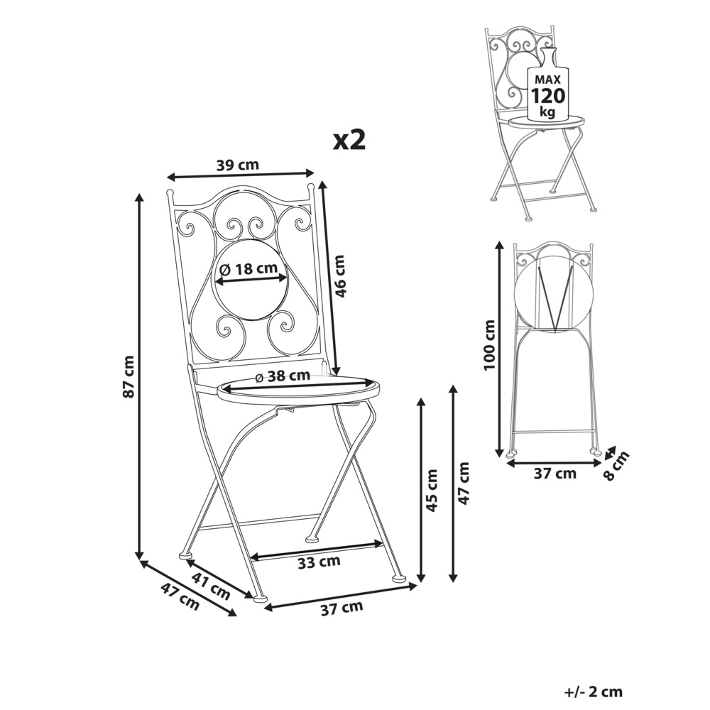 Set di 2 sedie da giardino in metallo nero con telaio in ferro stile vintage da esterno