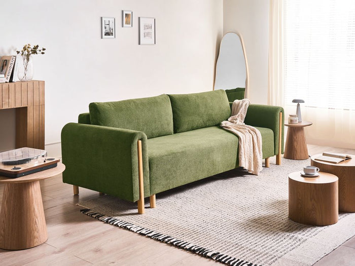 Divano letto in tessuto verde Rivestito con meccanismo Click-Clack Sleeper con contenitore Stile minimalista con braccioli