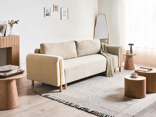 Divano letto in tessuto beige Rivestito con meccanismo Click-Clack Sleeper con contenitore Stile minimalista con braccioli