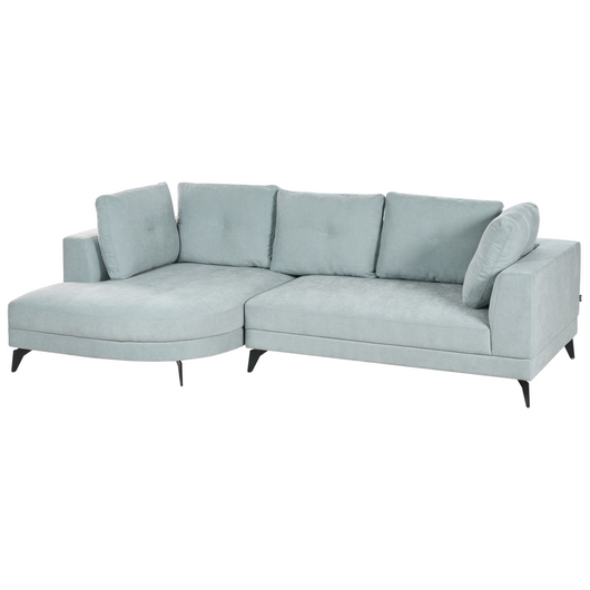 Divano angolare moderno con bracciolo destro Rivestimento in lino sintetico idrorepellente Gambe in ferro nero con cuscini azzurro