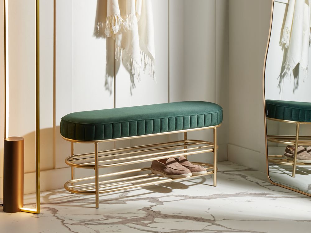 Panca in velluto con contenitore per scarpe e 2 ripiani verde smeraldo stile glamour elegante