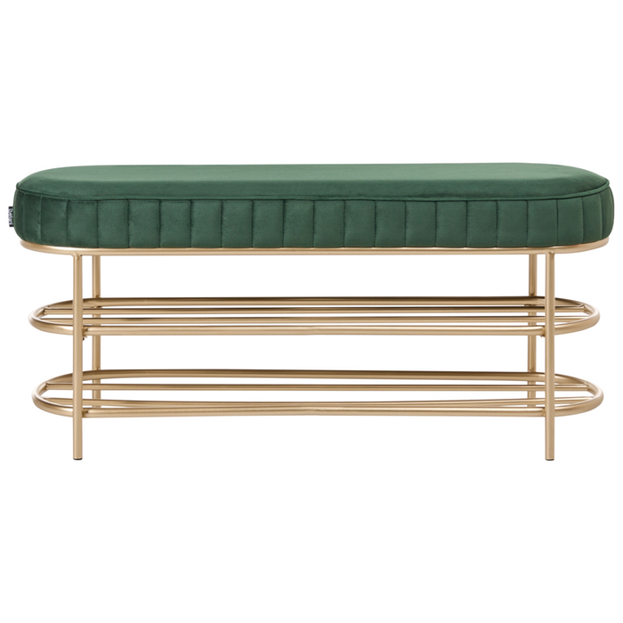 Panca in velluto con contenitore per scarpe e 2 ripiani verde smeraldo stile glamour elegante