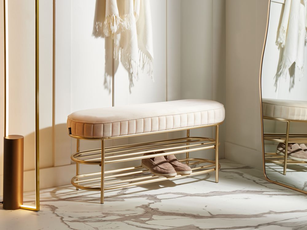 Panca in velluto con contenitore per scarpe e 2 ripiani beige stile glamour elegante