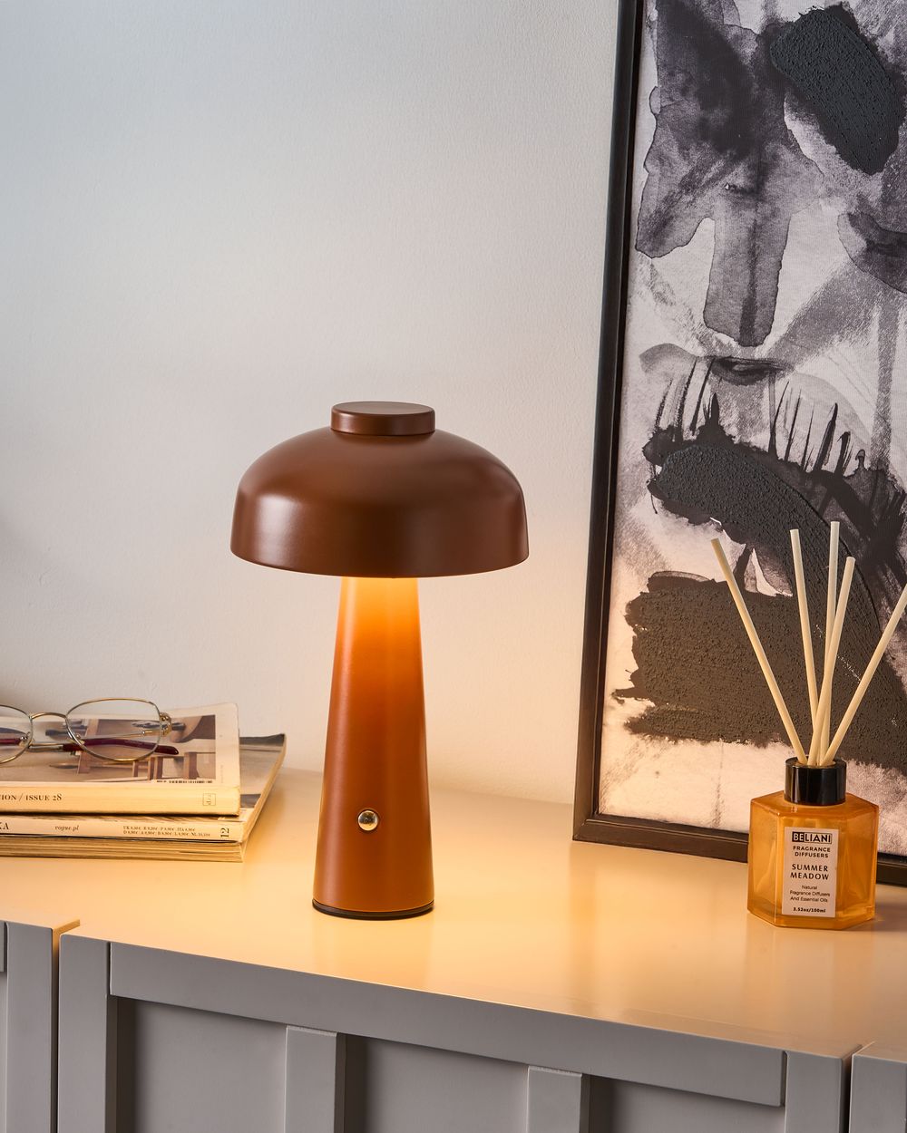 Lampada da tavolo in ferro con luce LED wireless fungo marrone stile moderno