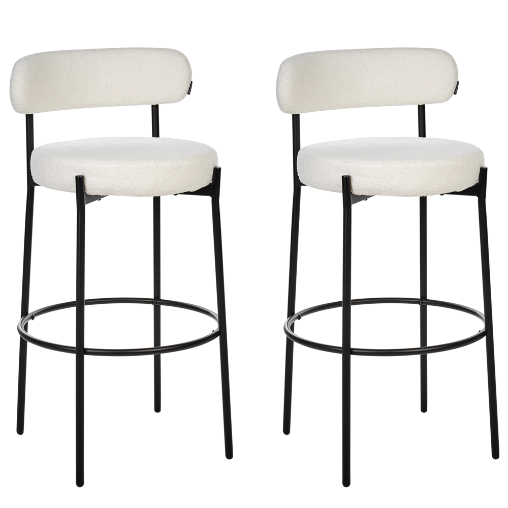 Set di 2 sedie da bar tessuto bouclé bianco con gambe in acciaio nero sala da pranzo stile moderno