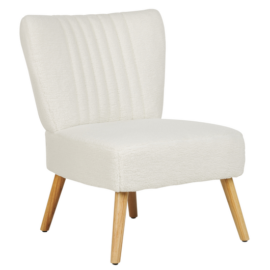 Poltrona imbottita in tessuto bianco senza braccioli a ciuffi verticali gambe in legno con trapuntatura