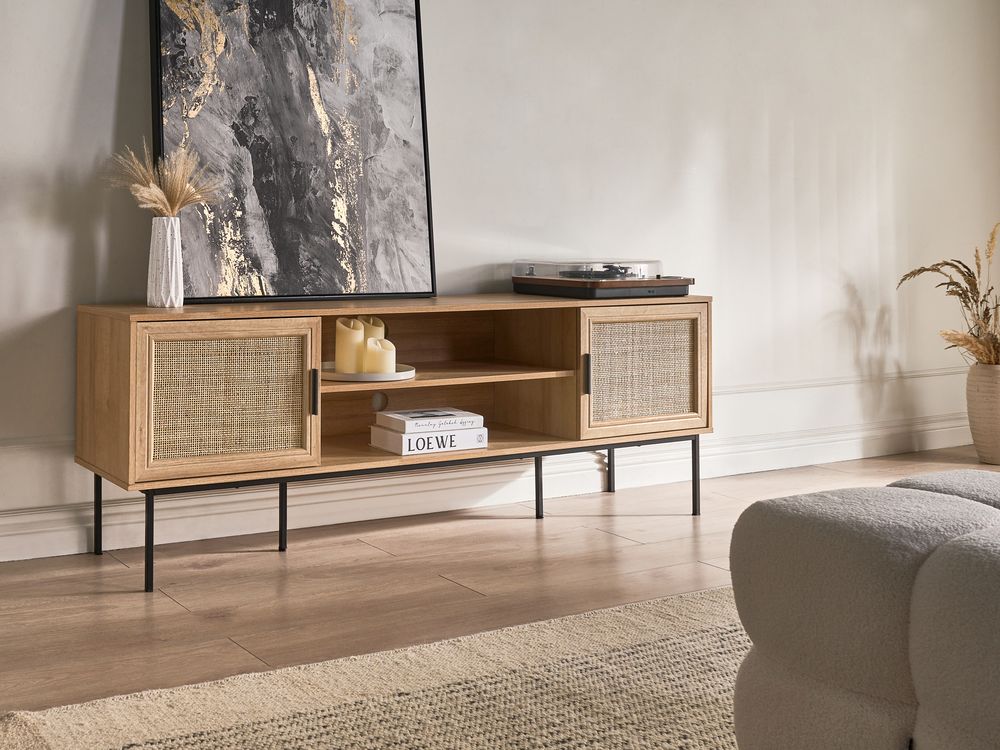 Mobile TV a 2 Ante in Rattan e Gambe in Metallo 180 x 63 cm Legno Chiaro