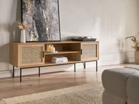 Mobile TV a 2 Ante in Rattan e Gambe in Metallo 180 x 63 cm Legno Chiaro