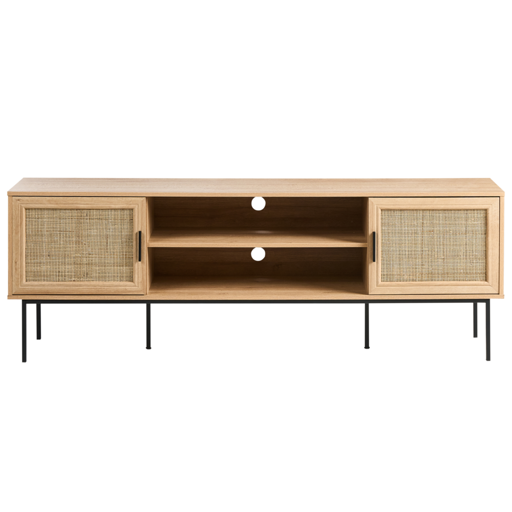 Mobile TV a 2 Ante in Rattan e Gambe in Metallo 180 x 63 cm Legno Chiaro