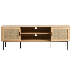 Mobile TV a 2 Ante in Rattan e Gambe in Metallo 180 x 63 cm Legno Chiaro