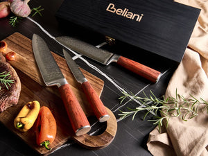 Set di 3 coltelli da cucina moderni affilati a mano, durezza 62 HRC acciaio inossidabile damasco marrone